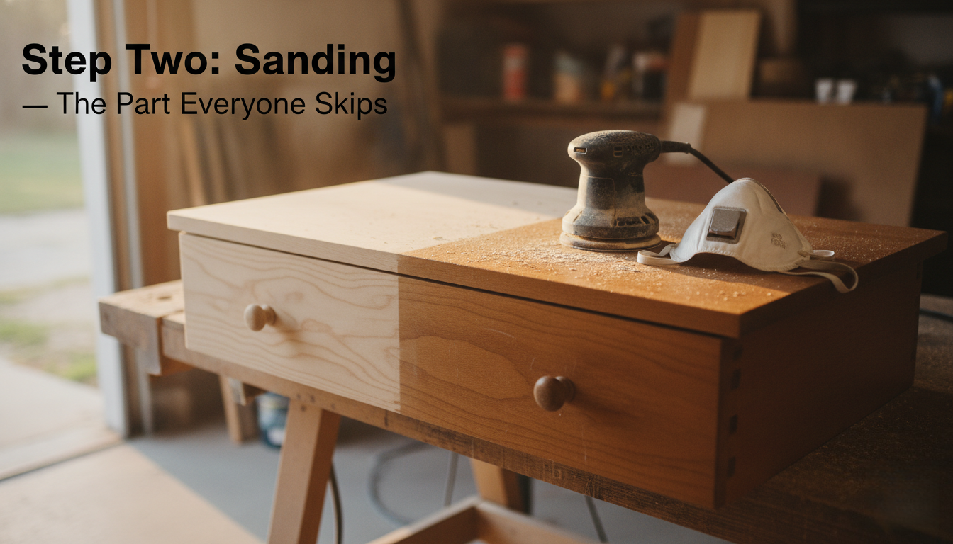 Sanding a Thrifted Dresser Drawer — Half Stripped, Half Original Stain
