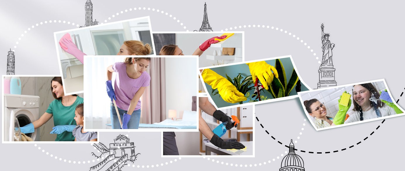 Collage of people wearing colorful multi-purpose rubber gloves while cleaning cabinets, mopping floors, watering plants, wiping furniture, doing laundry, and washing windows