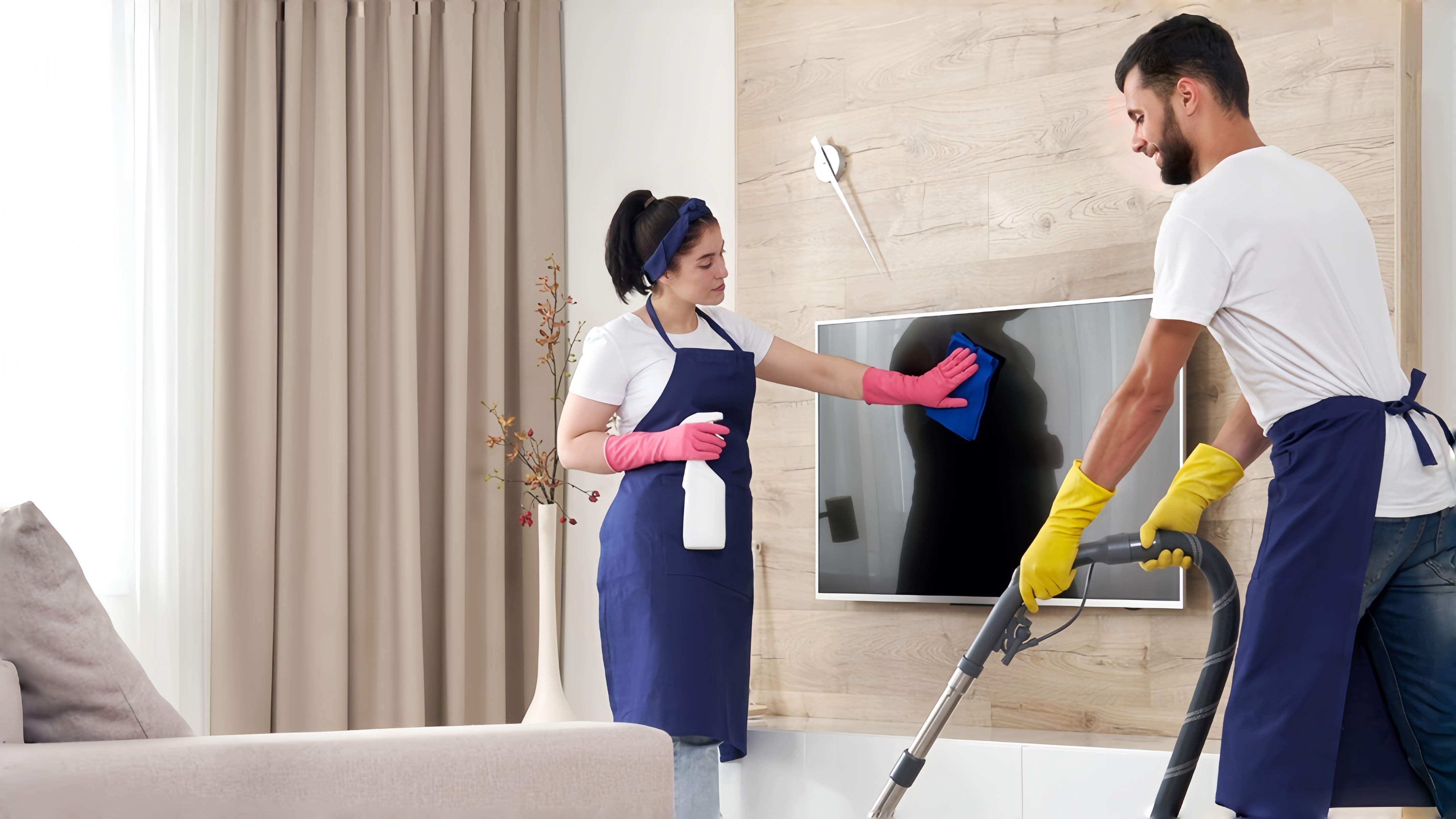 A woman wearing pink gloves wiping a TV screen and a man wearing yellow gloves using a vacuum cleaner while cleaning a living room together