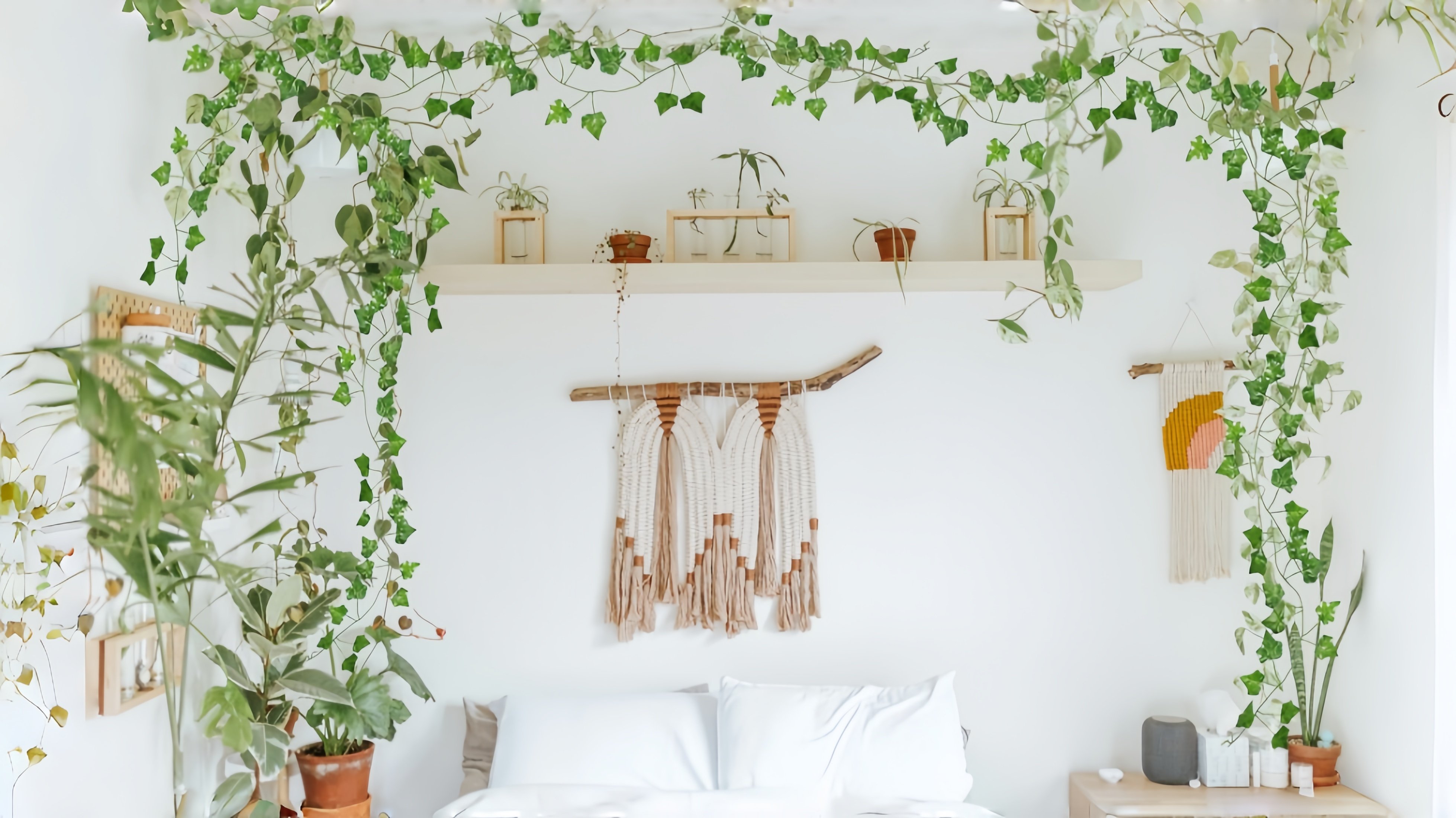 Fake Ivy Vines Mixed with Real Plants - Bedroom Shelf Greenery Decor Artificial ivy vines draped across a bedroom shelf and mixed with real potted plants above a white couch