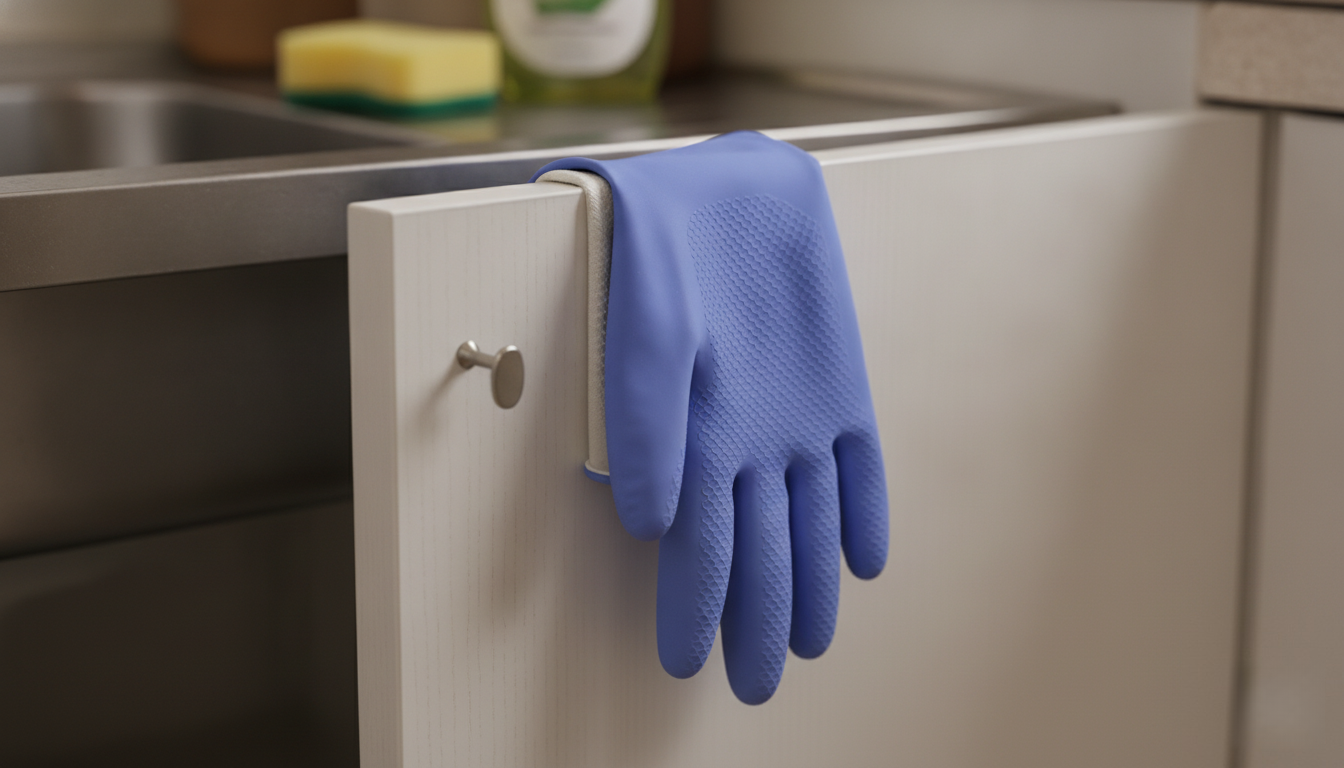 A blue rubber glove turned inside out and hanging to air dry near a kitchen sink cabinet, showing slight wear on the fingertips from regular use