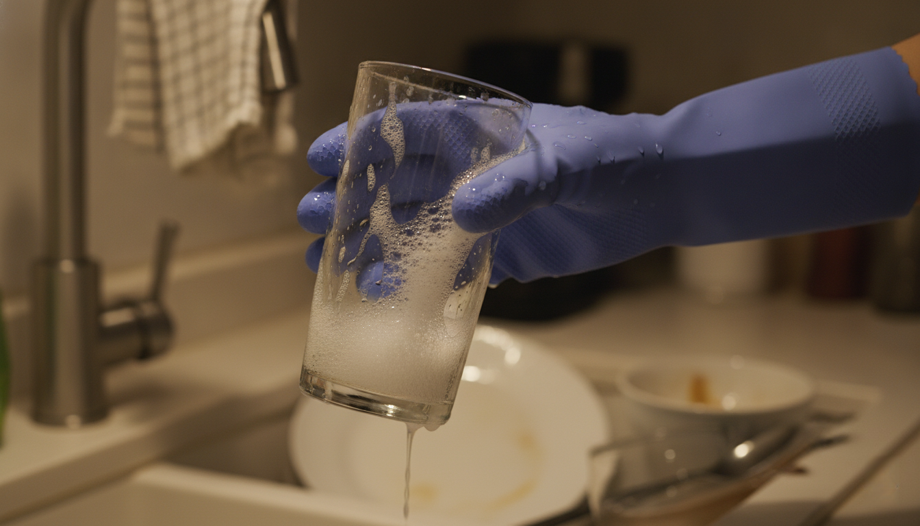 A hand wearing a blue textured rubber glove gripping a soapy wet glass at a kitchen sink during an evening dish-washing session