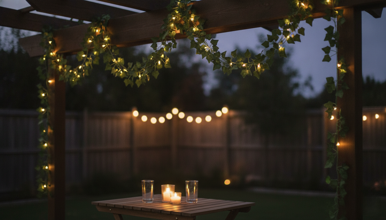 Fake Ivy Vines with String Lights at an Evening Event - Lifestyle Photo Artificial ivy vine garland woven with warm white string lights on a pergola at dusk during an evening outdoor event