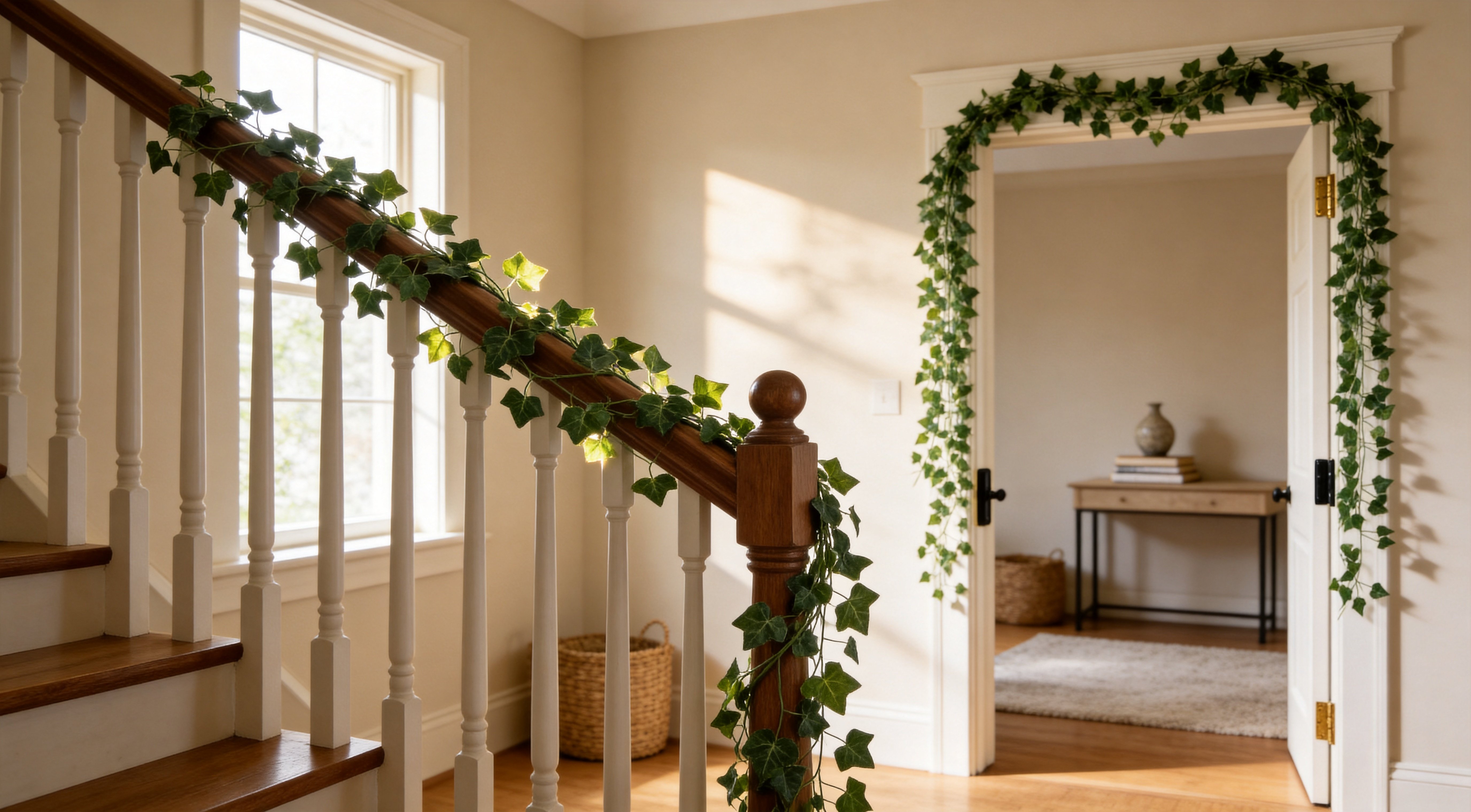 Fake Ivy Vines in a Cozy Indoor Entryway - Lifestyle Cover Photo Artificial ivy vine garland draped naturally along an indoor staircase railing and doorway in a cozy home interior