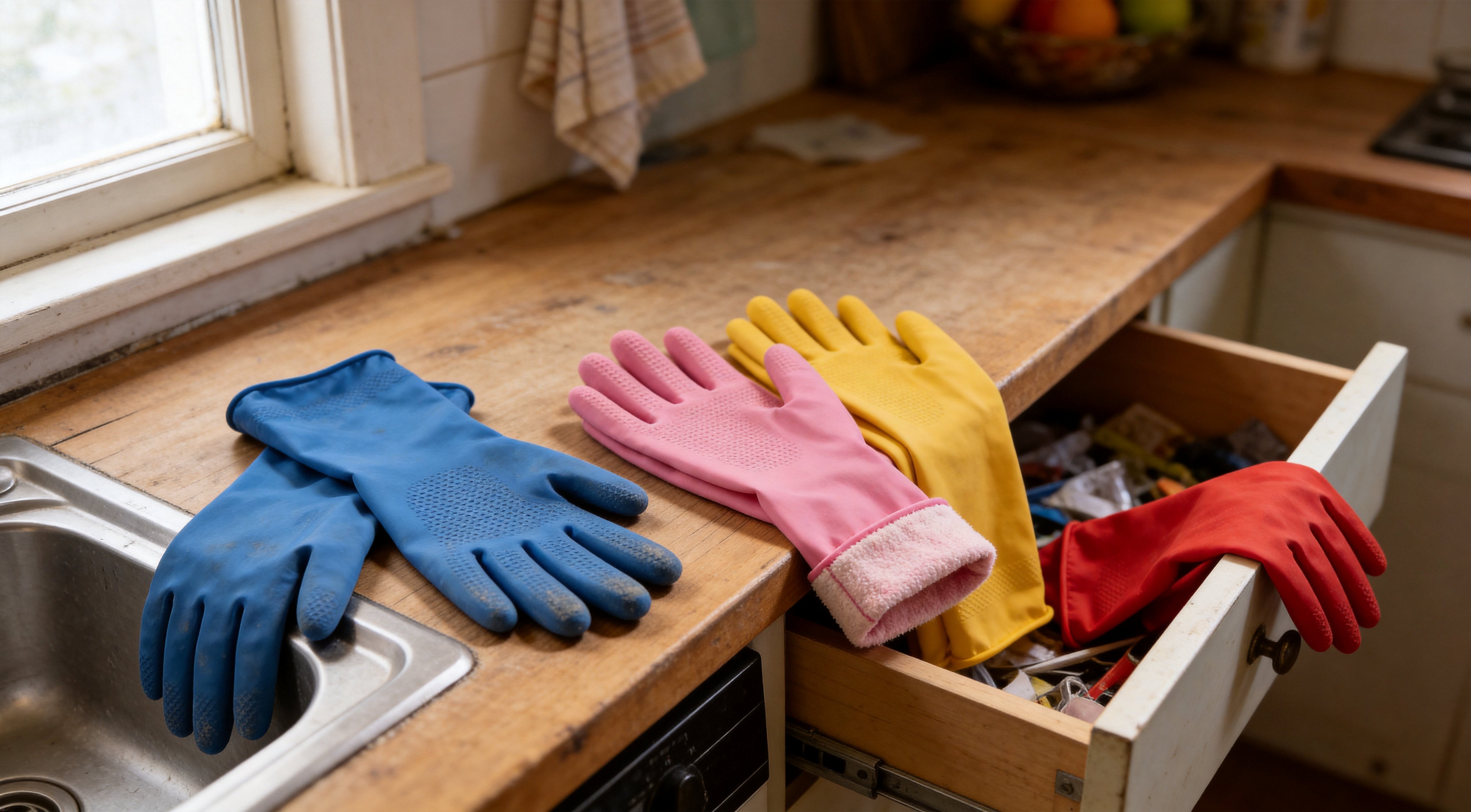 Four colorful reusable rubber cleaning gloves in blue, pink, yellow, and red laid out on a kitchen counter near an open drawer