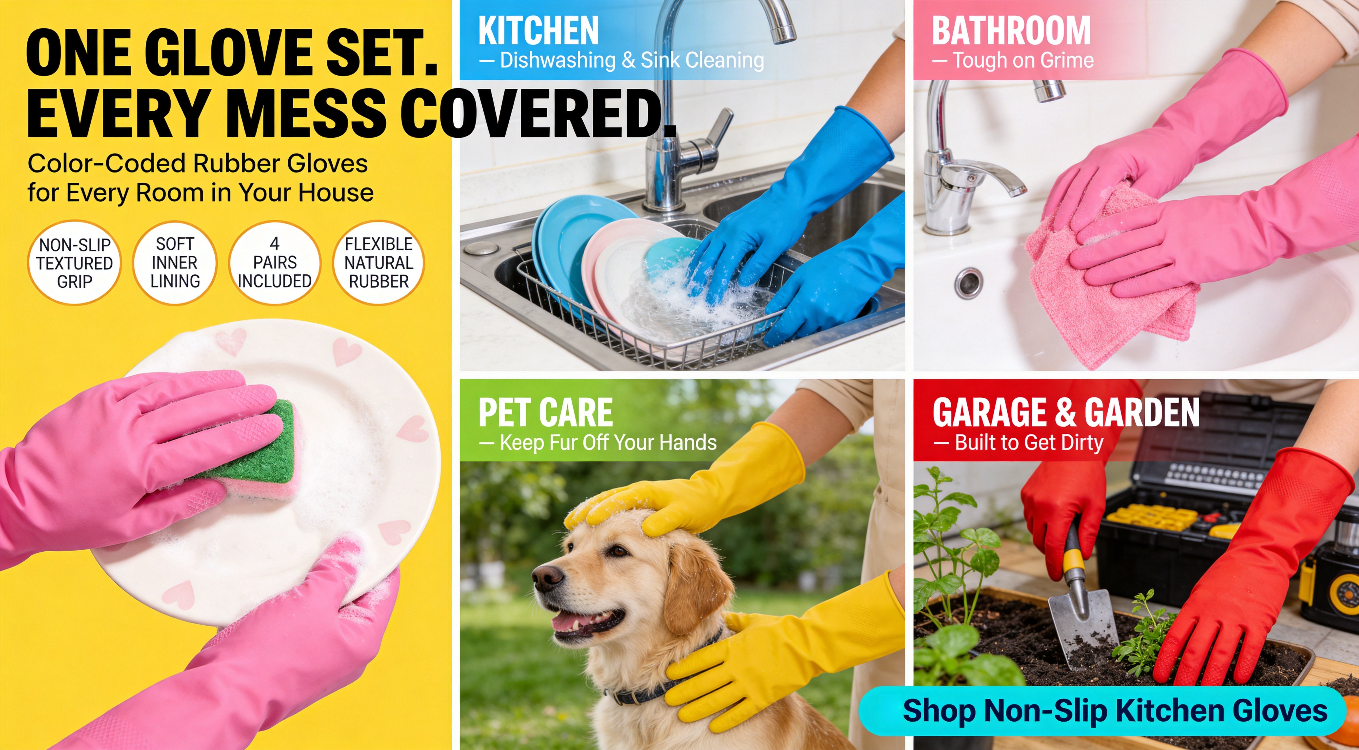 Four-panel lifestyle advertisement for color-coded rubber kitchen gloves used in kitchen, bathroom, pet care, and garage tasks