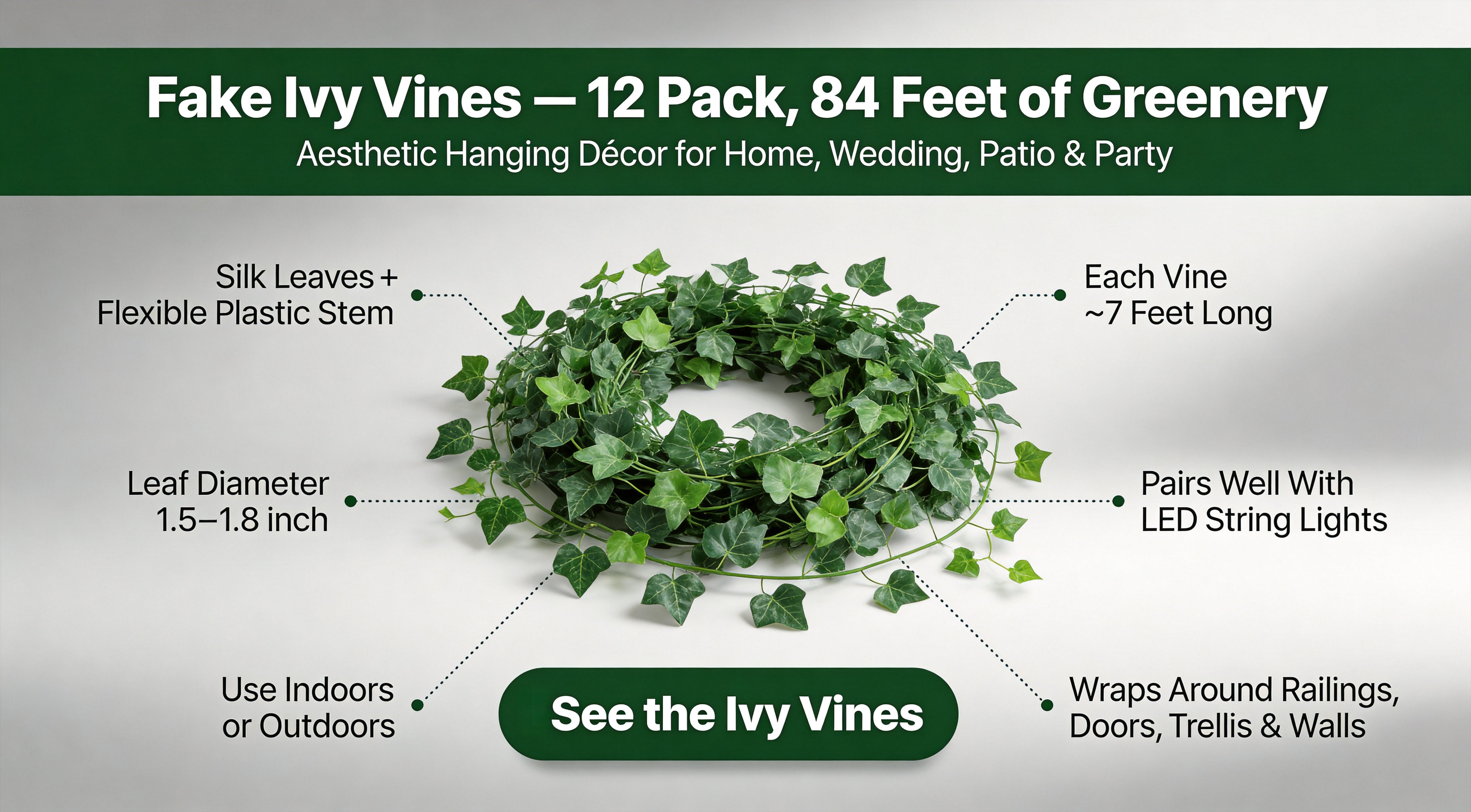 Fake Ivy Vines Features and Uses - Indoor Outdoor Hanging Greenery Infographic of artificial ivy vine garland showing silk leaves, plastic stems, and usage features with a See the Ivy Vines button