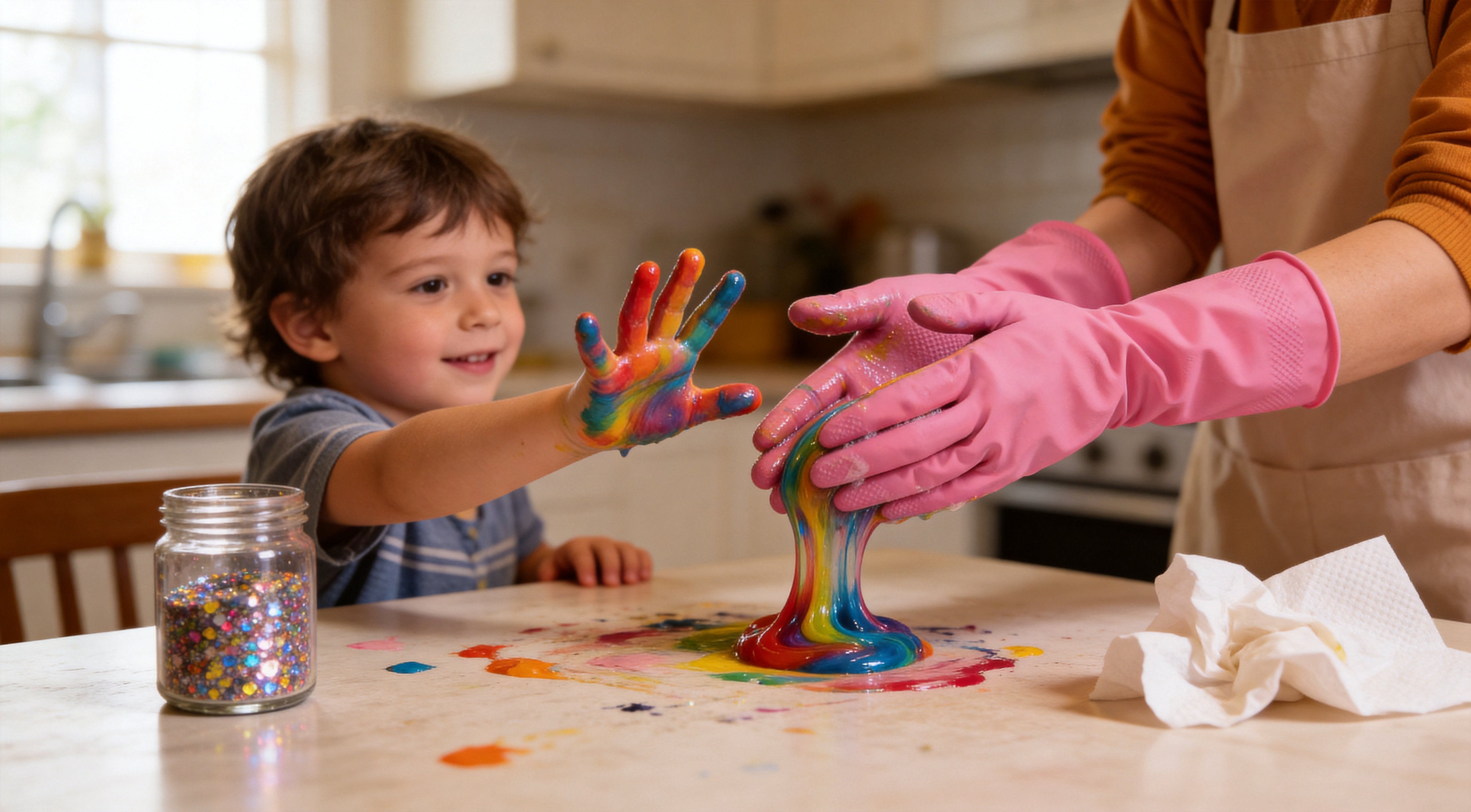 An adult's hand wearing a yellow rubber glove helping clean up colorful slime and paint mess from a child's craft project at a kitchen table