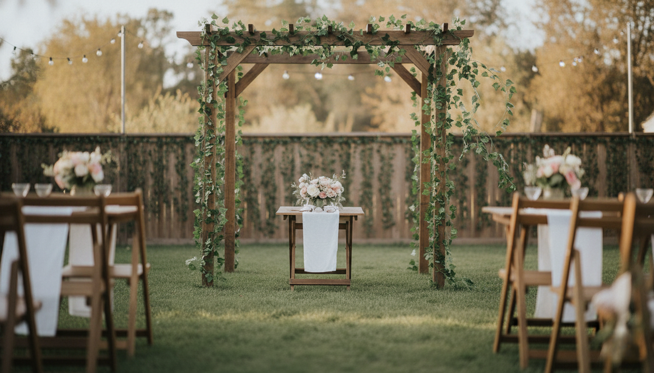 Fake Ivy Vines on a Backyard Wedding Arbor - Lifestyle Photo Artificial ivy vine garland wrapped around a wooden wedding arbor and fence line in a backyard wedding shower setting