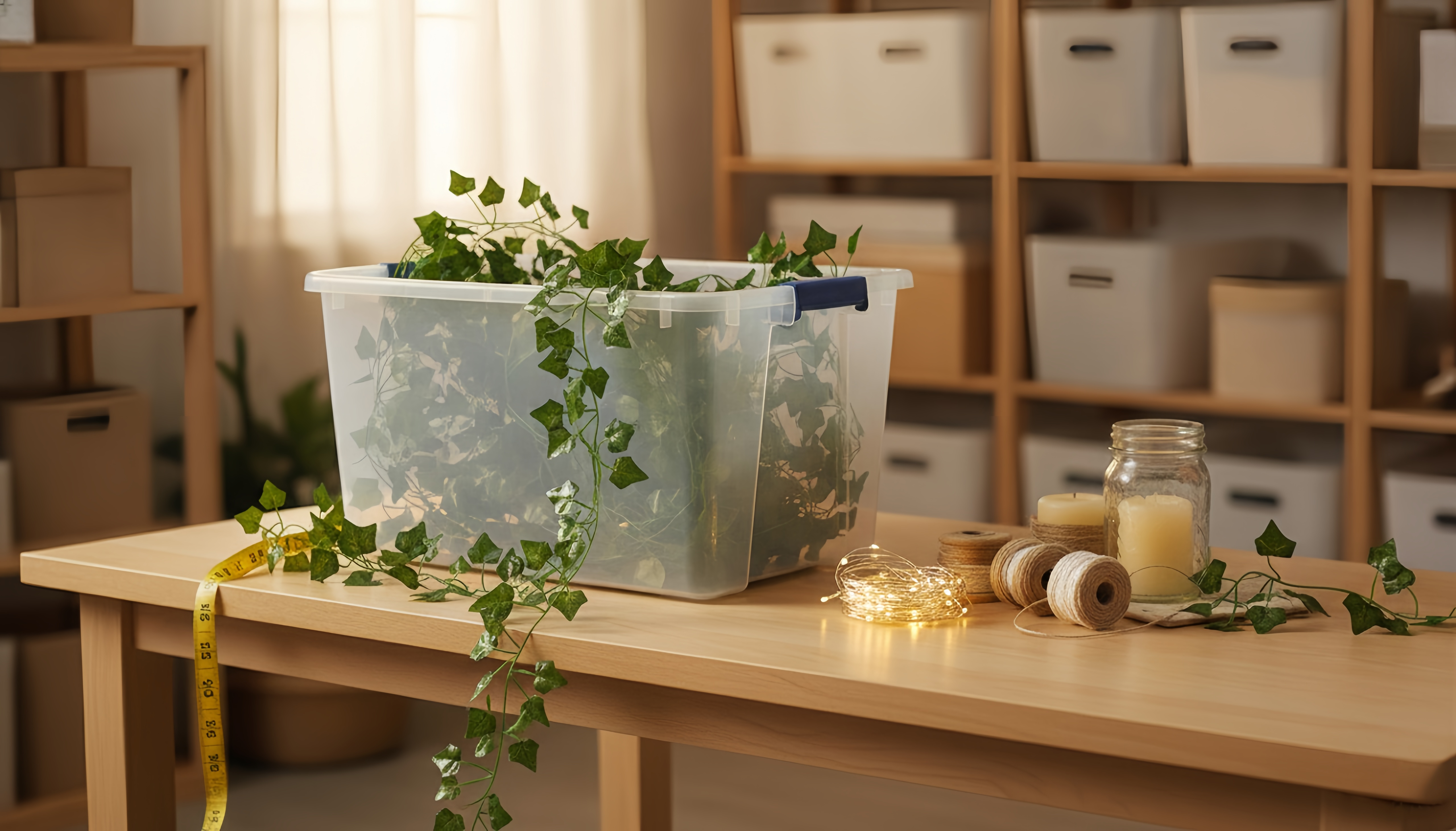Fake Ivy Vines Storage and Reuse - Cost and Coverage Lifestyle Photo Artificial ivy vine garland neatly coiled and stored in a bin alongside fairy lights and candles, ready to be reused for multiple occasions